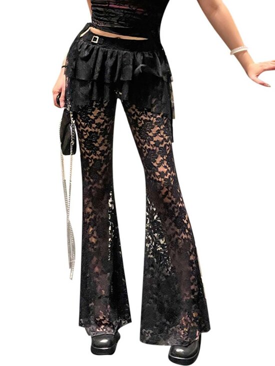 xxxiticat Pants - Women's Gothic Lace Flared Pants Asymmetric Floral Bell Bottom Legging S